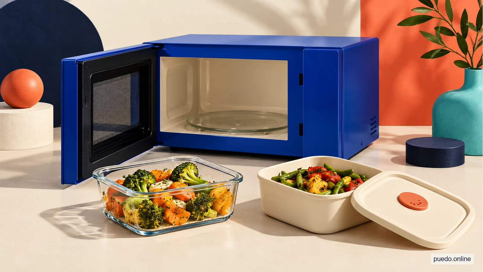 Recipiente de vidrio y recipiente plástico con tapa ventilada junto a un microondas