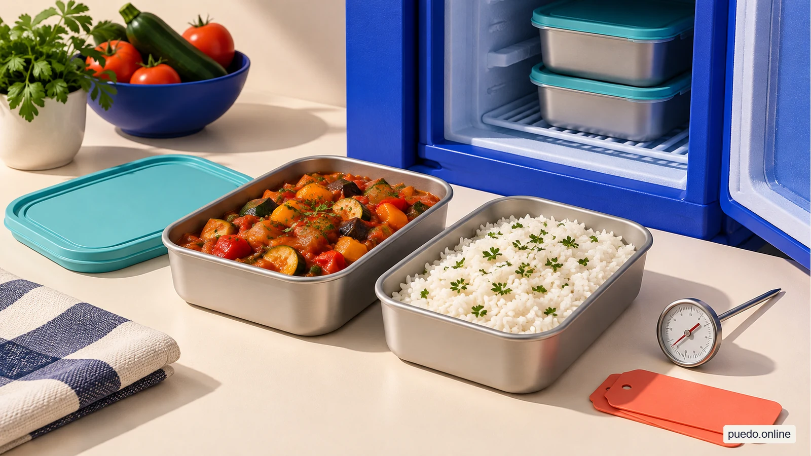 Raciones de comida cocinada en recipientes y termómetro para organizar la congelación