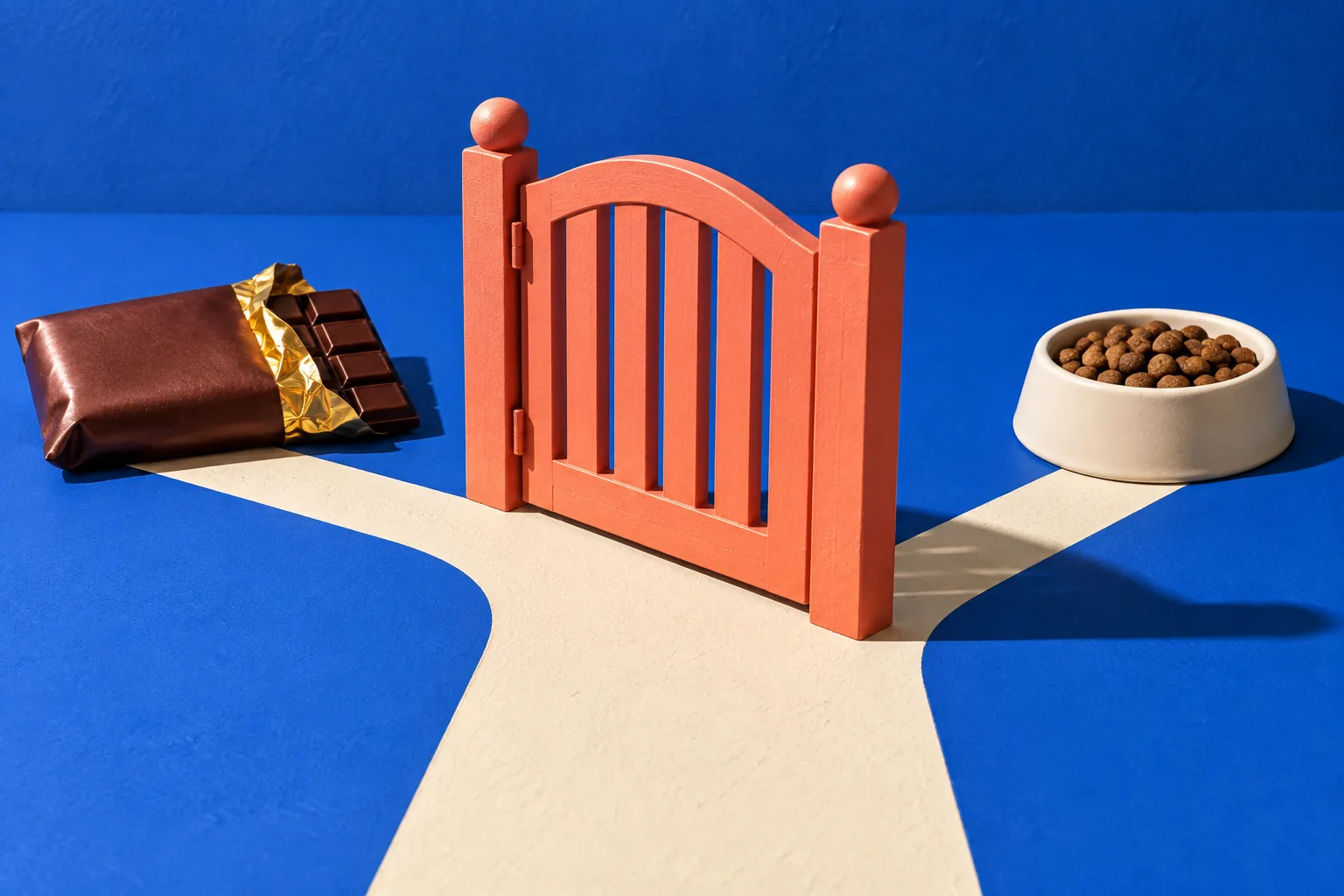 Chocolate separado de un cuenco de mascota por una puerta cerrada