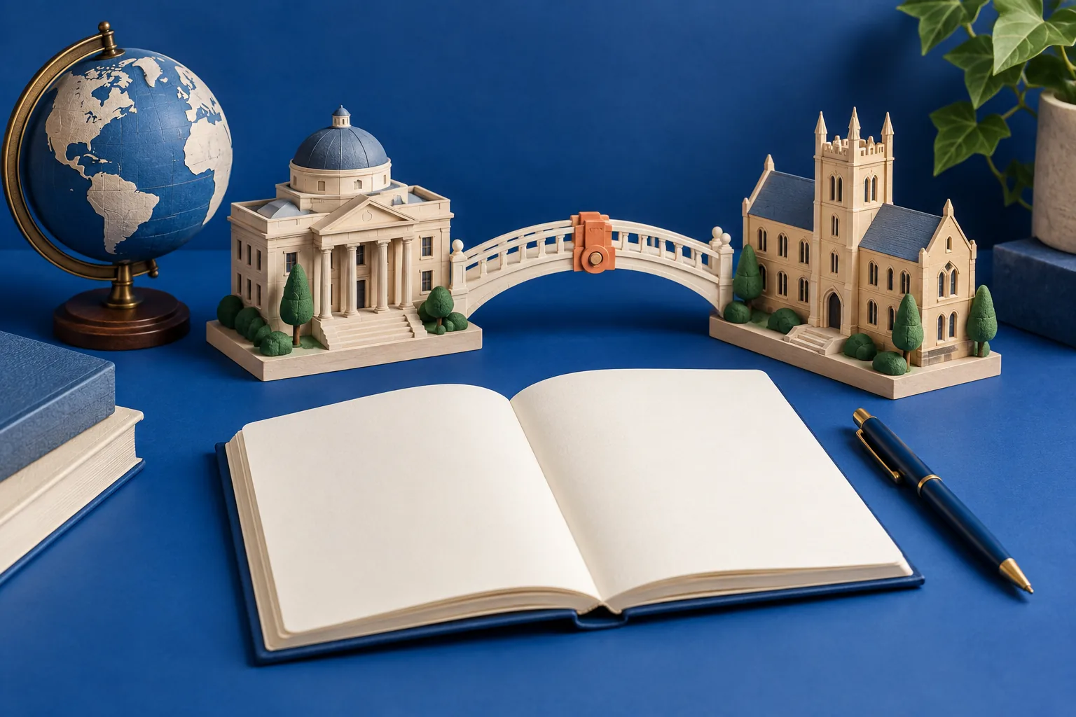 Cuaderno y centros de estudio unidos por un puente