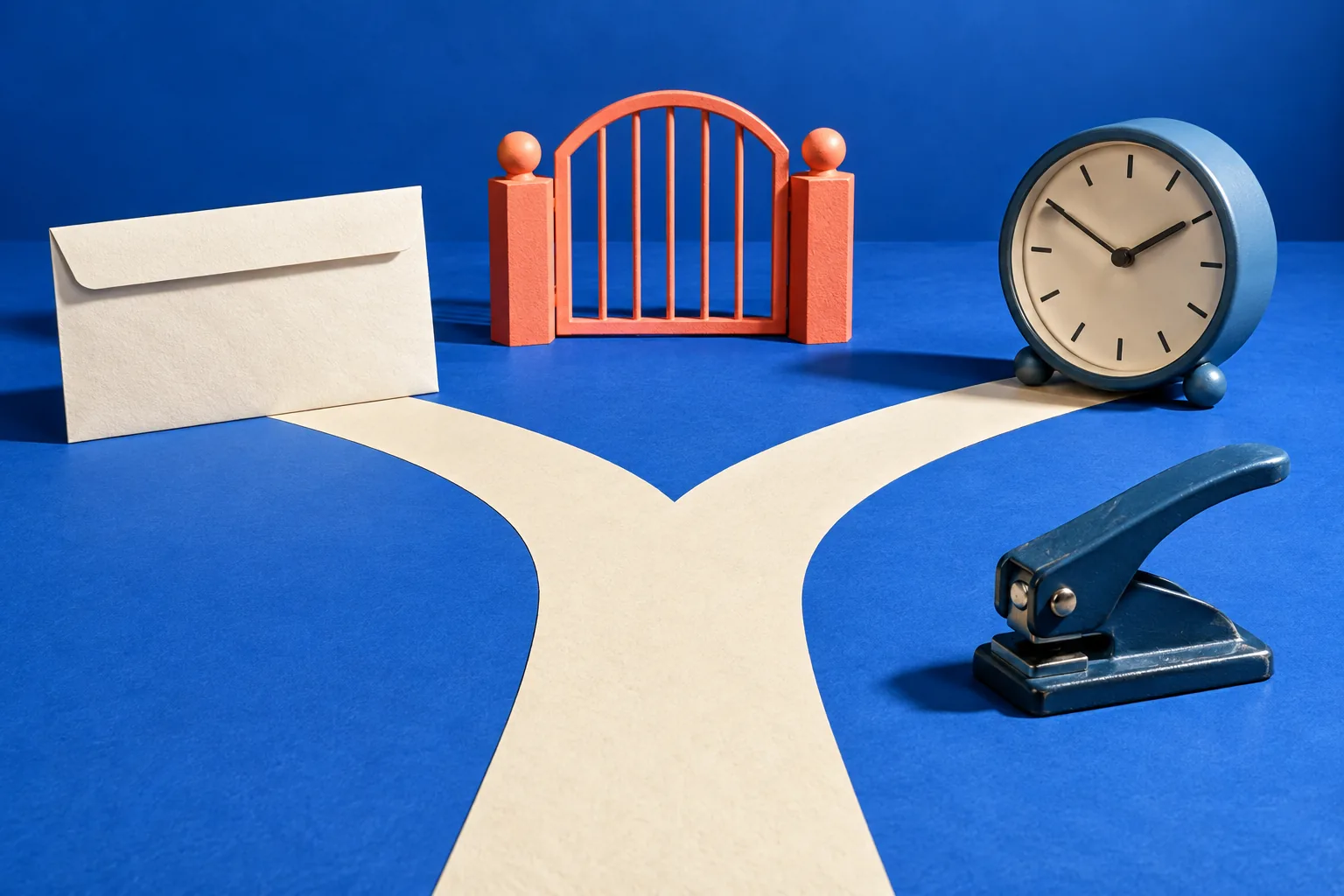 Sobre de salario y reloj unidos por una ruta con condiciones