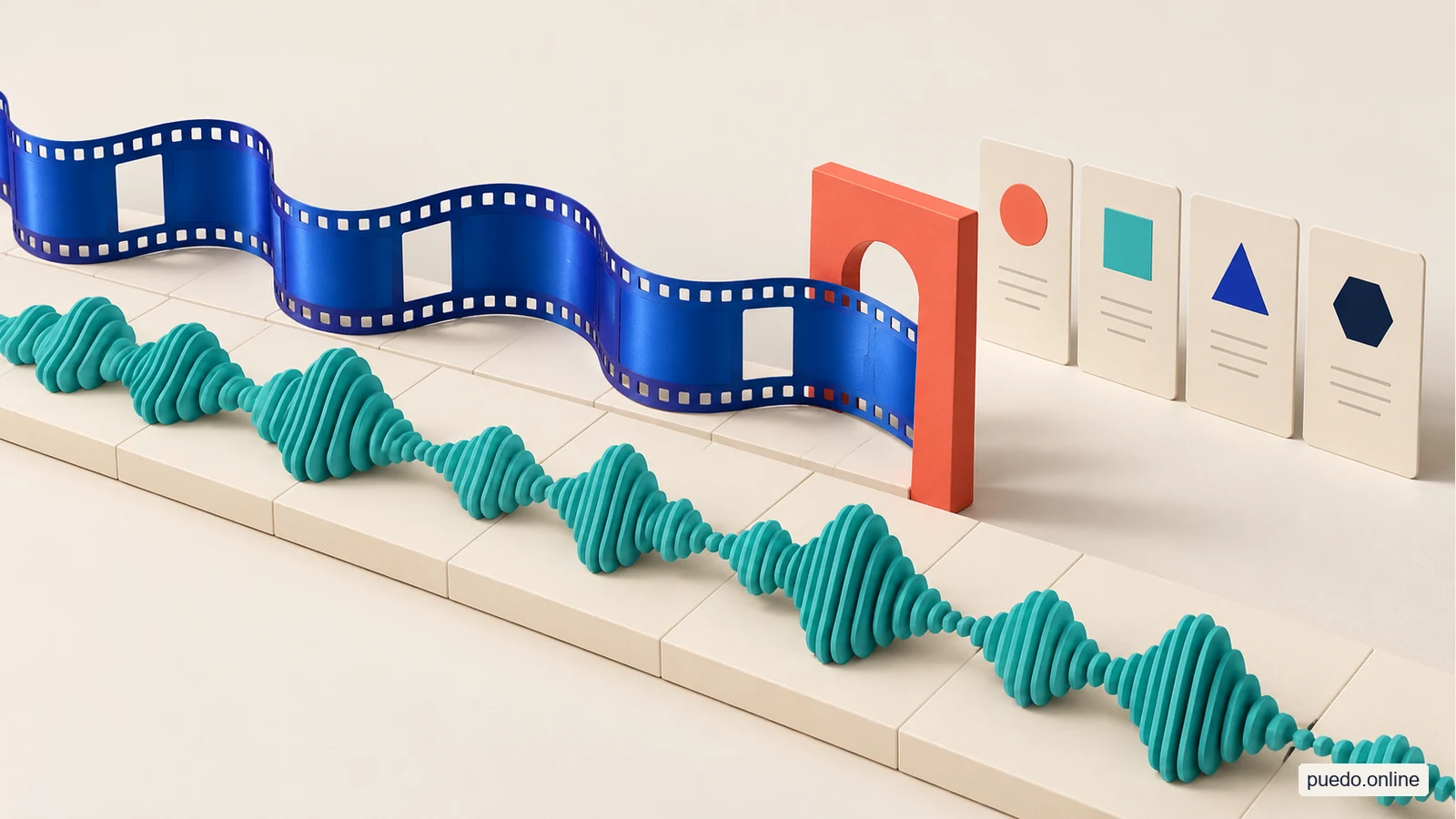 Onda de audio junto a una secuencia de vídeo y tarjetas que representan condiciones de uso