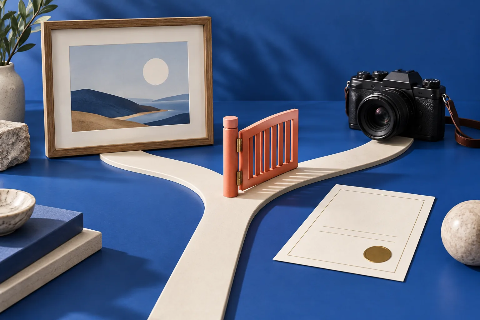 Fotografía enmarcada y documento de licencia en rutas distintas